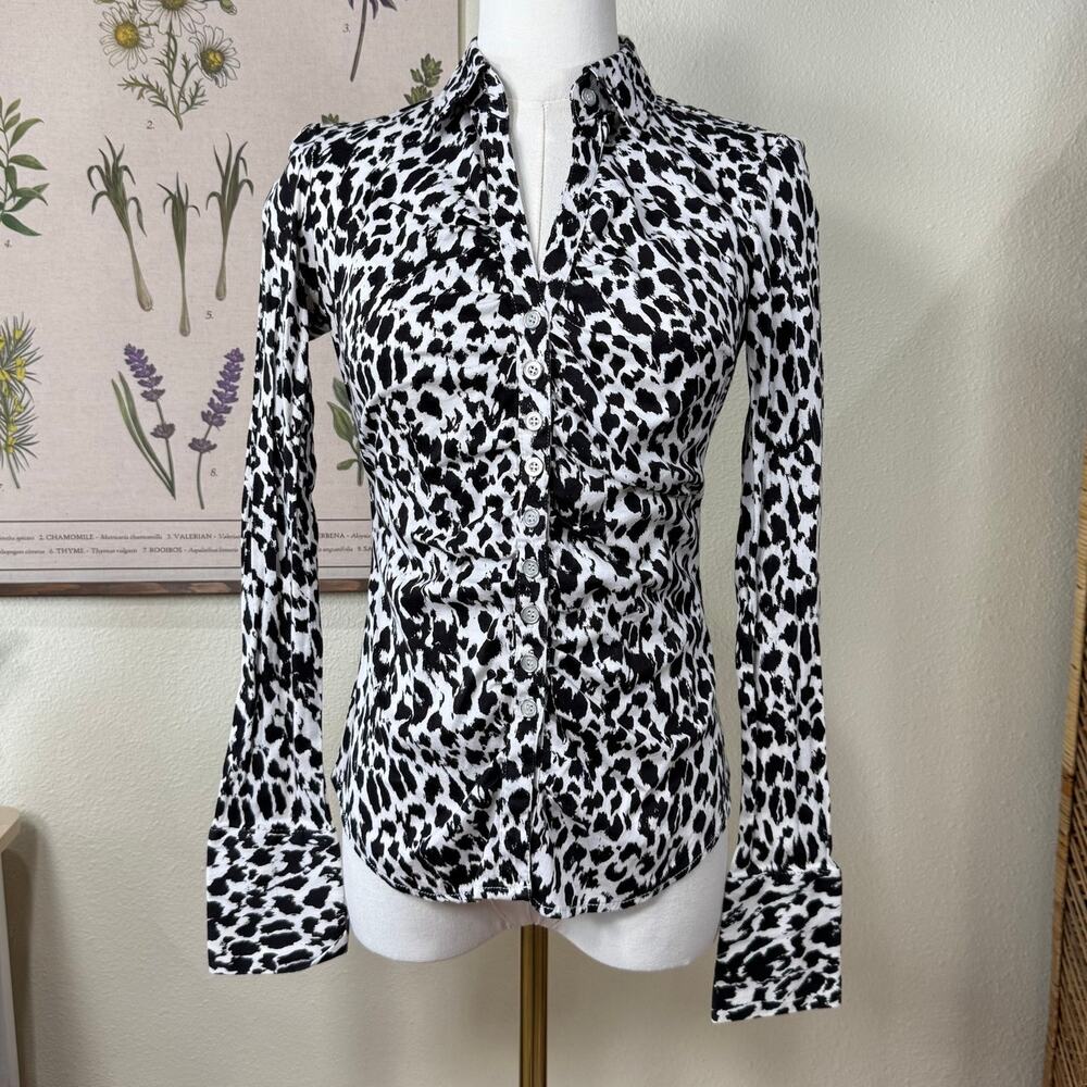 Y2k Black White Animal Print Button Up Top Sexy Trashy McBling Bimbo Gyaru XS